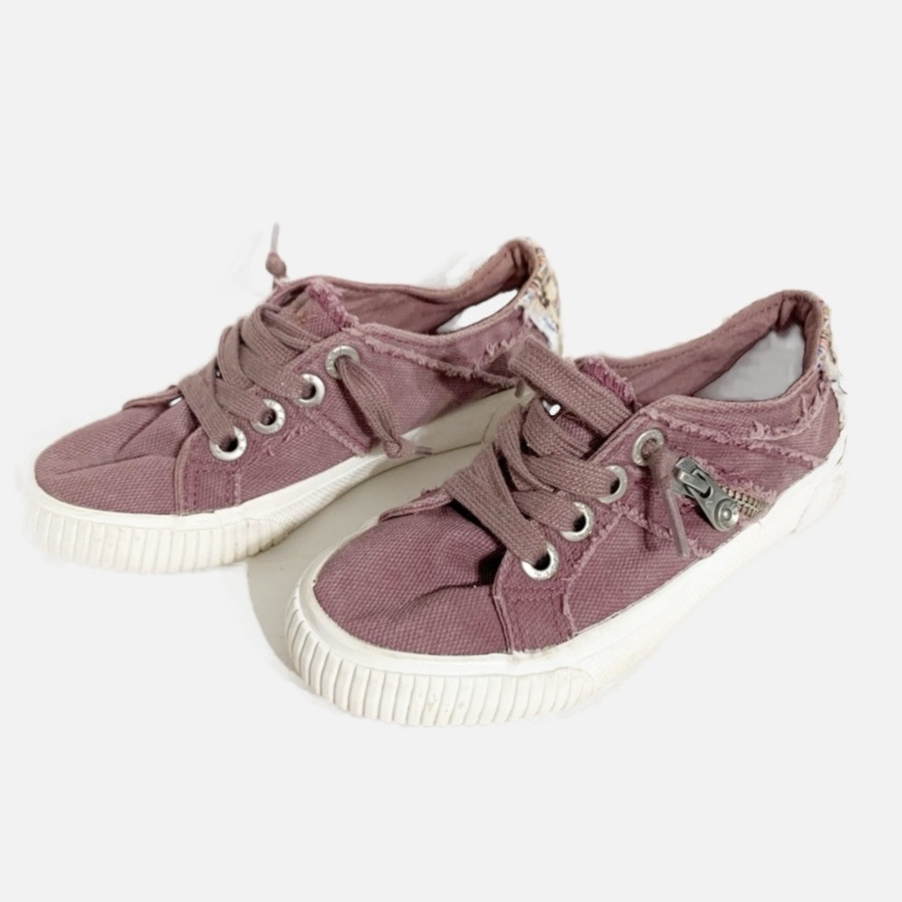 Blowfish Distressed Frayed Raw Edge Canvas Slip On Sneakers Berry Side Zip Mauve